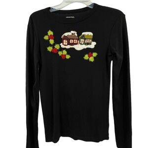 Michael Simon Event Womens Black Crewneck Embroidered Beaded Snowy Cabins  Xmas